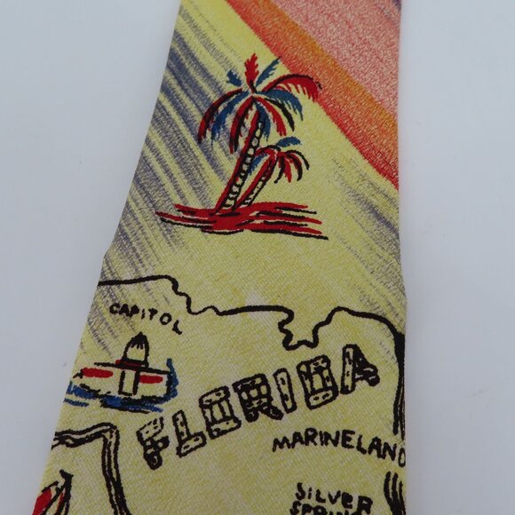 Vintage Palm Island of Miami Hand Painted Map Striped Mens Necktie Tie Retro - Picture 2 of 8